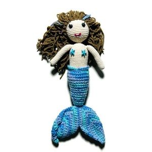 Handmade Mermaid Brown Beaded Hair Blue Aqua Lilac Tail Crocheted Stuffe…
